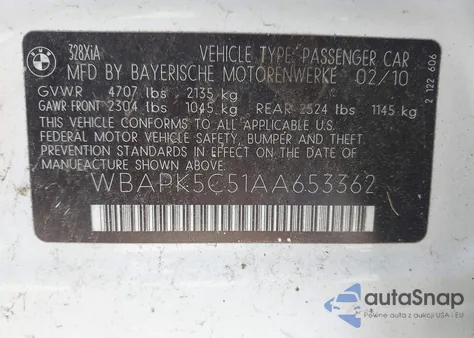 2010 BMW 328I xDrive z USA, uszkodzony, nr VIN WBAPK5C51AA653362